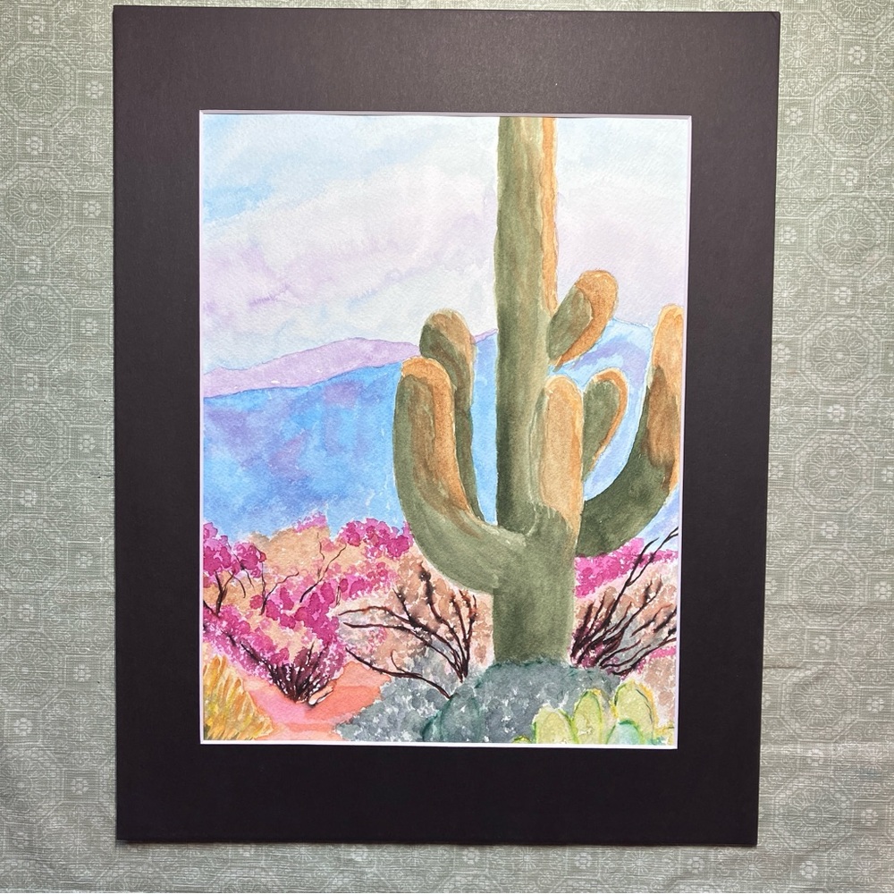 Semi Abstract Desert Landscape Watercolor Painting with Black Matting